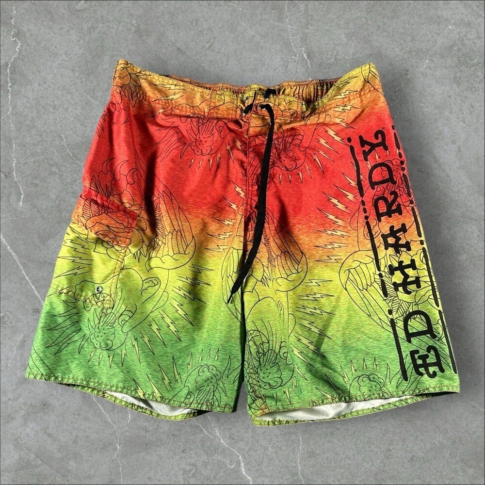 Ed Hardy Swim Trunks Mens Large Multifolor Y2K Dragon AOP Grunge Tattoo Skater